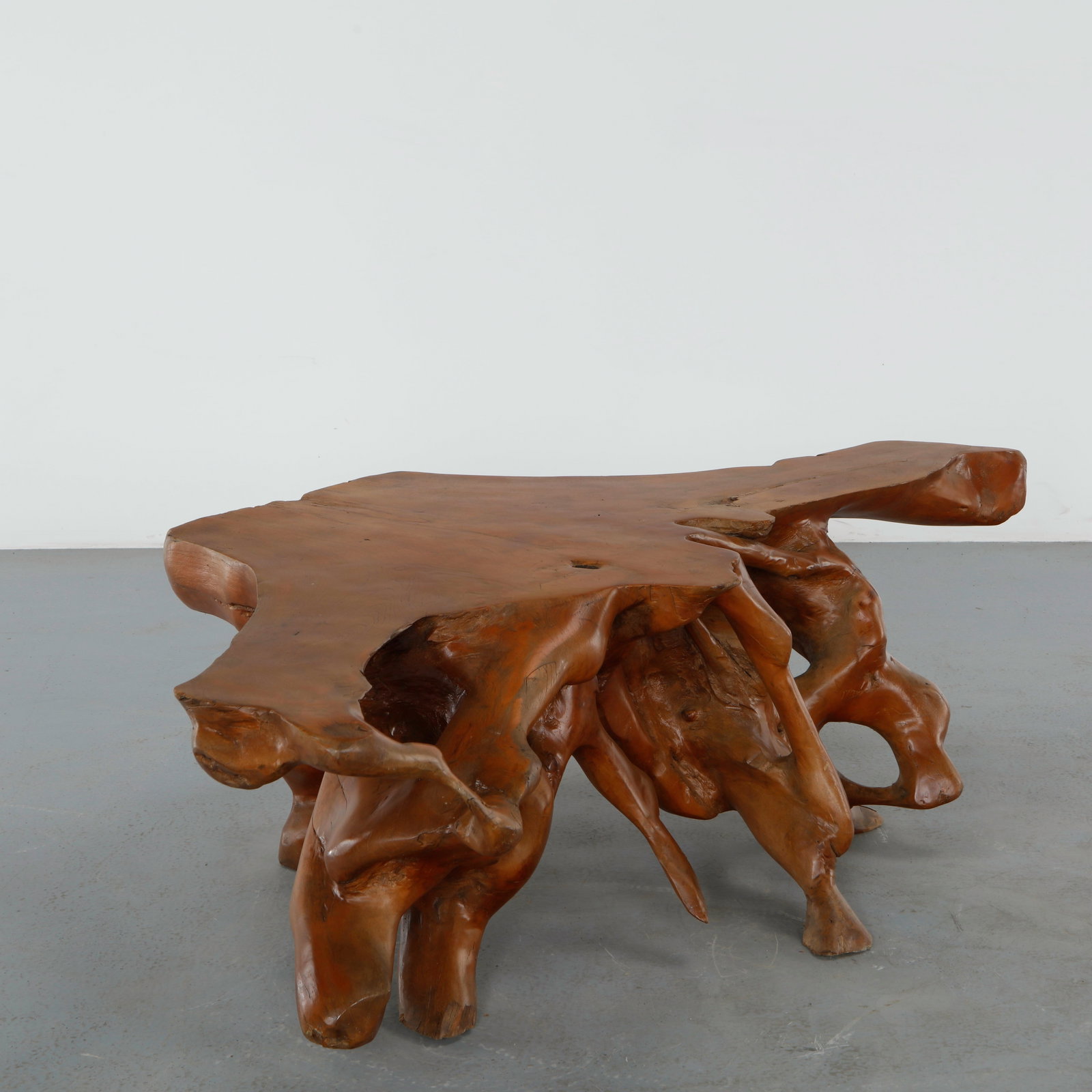 Outdoor Root Coffee Table, 1960s: Organic coffee table carved from intertwined natural roots with a freeform top and expressive biomorphic base. The richly polished surface highlights the dramatic grain and natural contours of the woo