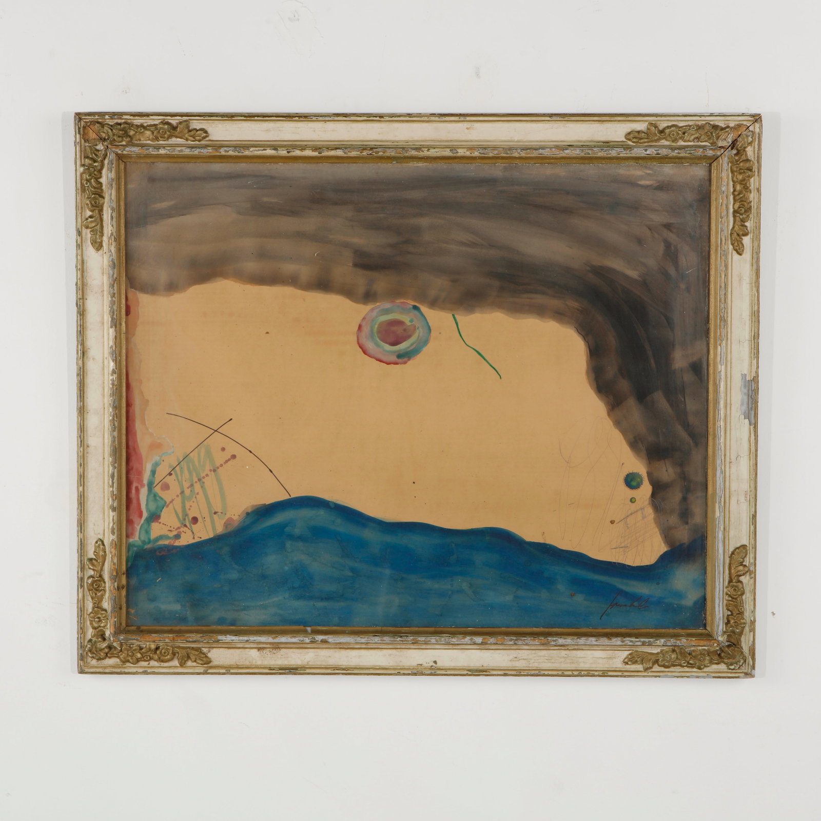 Abstract Watercolor on Paper, attributed to Helen Frankenthaler: Abstract watercolor on paper featuring expressive passages of deep blue and ochre, presented in an aged carved and painted wooden frame. The work is attributed to Helen Frankenthaler and reflects an