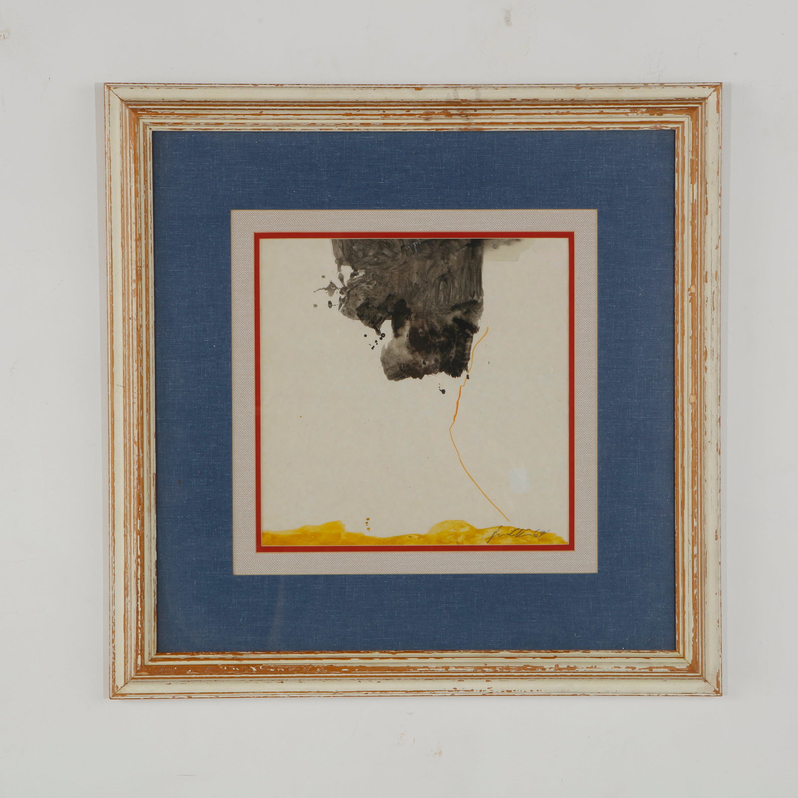 Abstract Watercolor on Paper, attributed to Helen Frankenthaler: Abstract watercolor on paper composed of charcoal gray, ochre and yellow passages with delicate linear gestures. Presented in a distressed painted wooden frame with a blue textile mat, the work