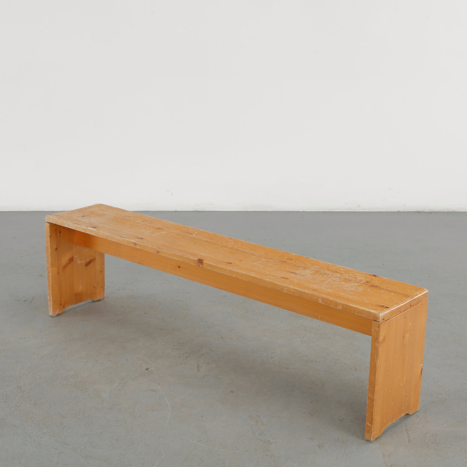 Charlotte Perriand for Les Arcs 1600, Pine Bench, 1960s: Pine Bench designed by acclaimed architect and designer Charlotte Perriand for the Les Arcs Ski Resort in France Savoy Alps. Height: 17 in. Length: 65 in. Width: 12 in.