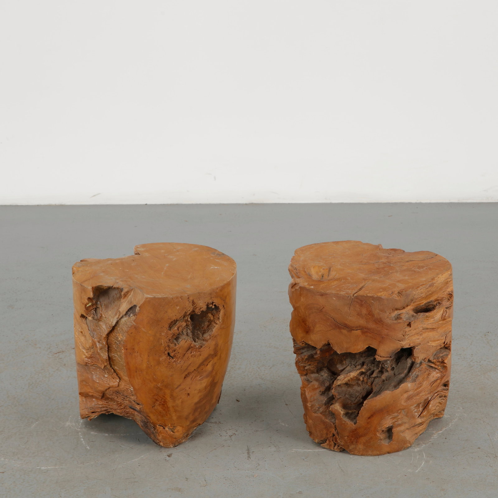 Pair of Handcarved Solid Wood Stools: This pair of stools is carved from solid burl wood, each retaining the organic, hollowed form and rich figuring of the natural trunk. The rugged, sculptural silhouette and warm grain highlight the