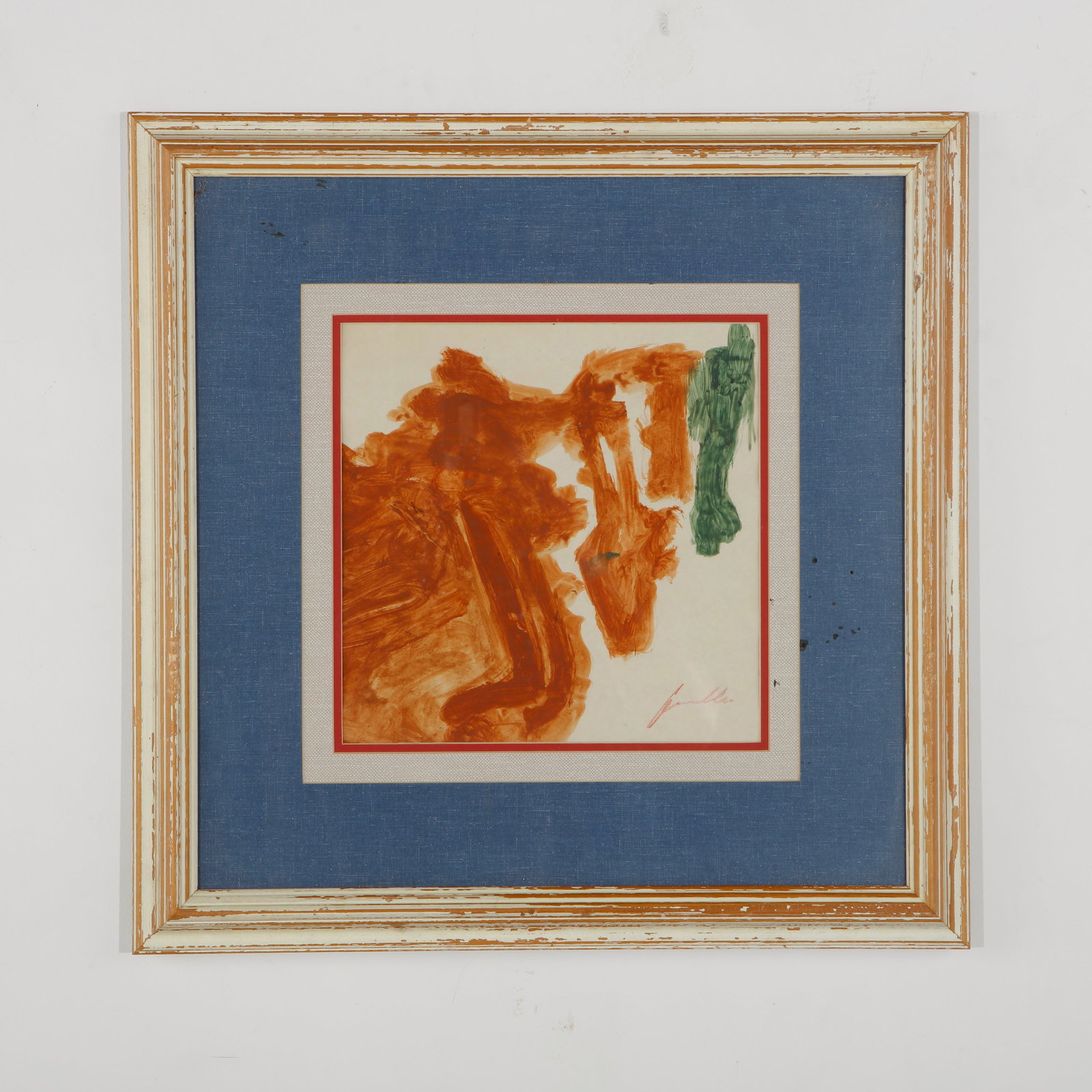 Abstract Watercolor on Paper, attributed to Helen Frankenthaler: Expressive watercolor on paper featuring broad passages of burnt orange and green against an open ground. The loose, gestural application of pigment creates a dynamic abstract composition, presented i