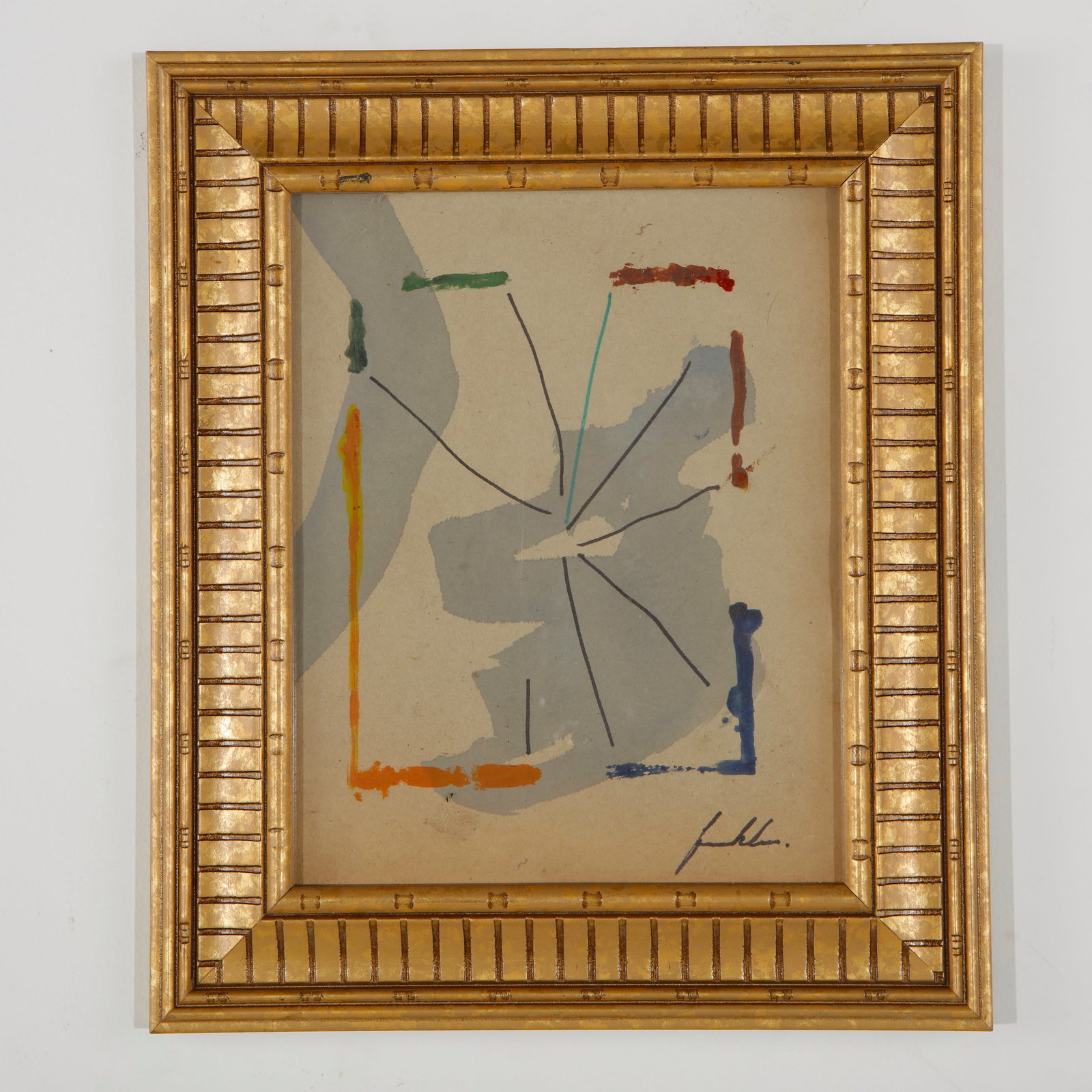 Abstract Watercolor on Paper, attributed to Helen Frankenthaler: Abstract watercolor on paper featuring a loose composition of gray, ochre, green, blue and red passages, punctuated by delicate linear gestures. Presented in an elaborate giltwood frame with a distinc