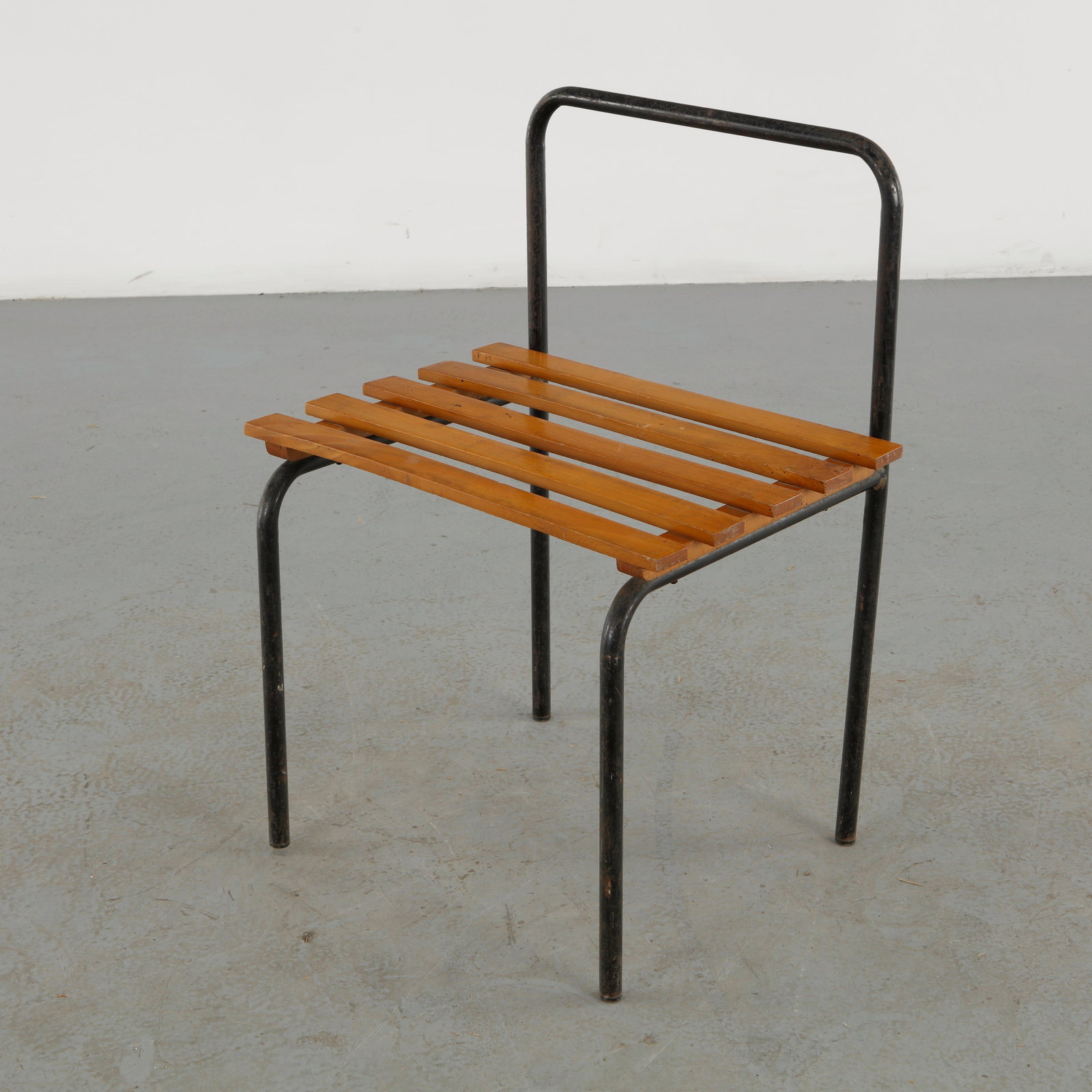 Charlotte Perriand for Les Arcs 1600, Luggage Rack, 1960s: A functional pine luggage rack associated with Charlotte Perriand interiors for Les Arcs 1600, combining a slatted wooden platform with a restrained metal structure. Its compact construction and hones