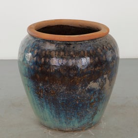 Large Glazed Ceramic Planter with Turquoise Geometric Band, 1960s