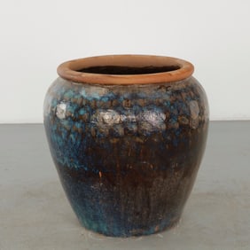 Large Glazed Ceramic Planter with Turquoise Geometric Band, 1960s
