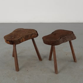 Pair of Brutalist Live Edge Wood Stools, 1960s