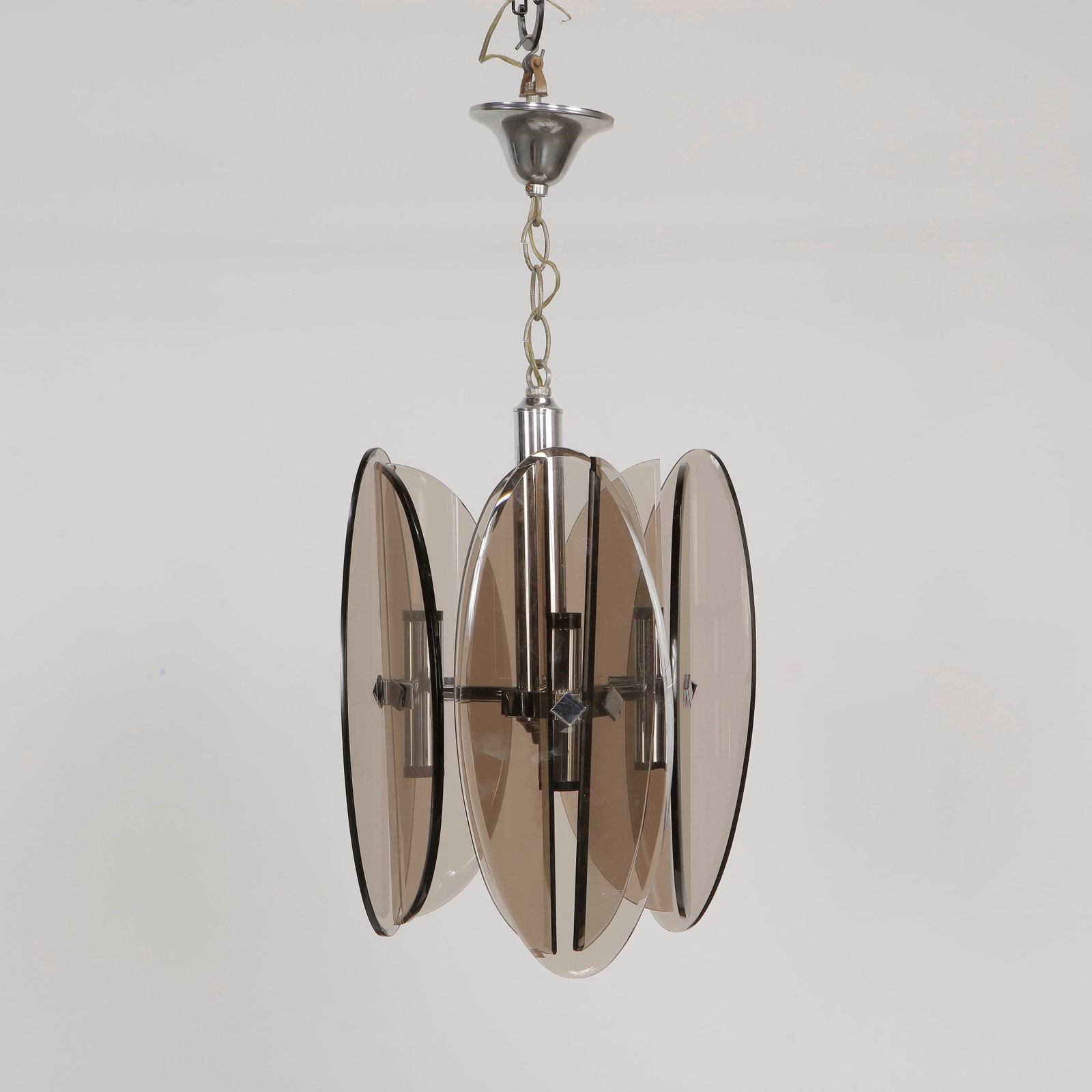 Glass Chandelier, Italy, 1970s: Elegant Italian chandelier from the 1970s. Height: 23 in. Width: 11 in. Depth: 11 in.