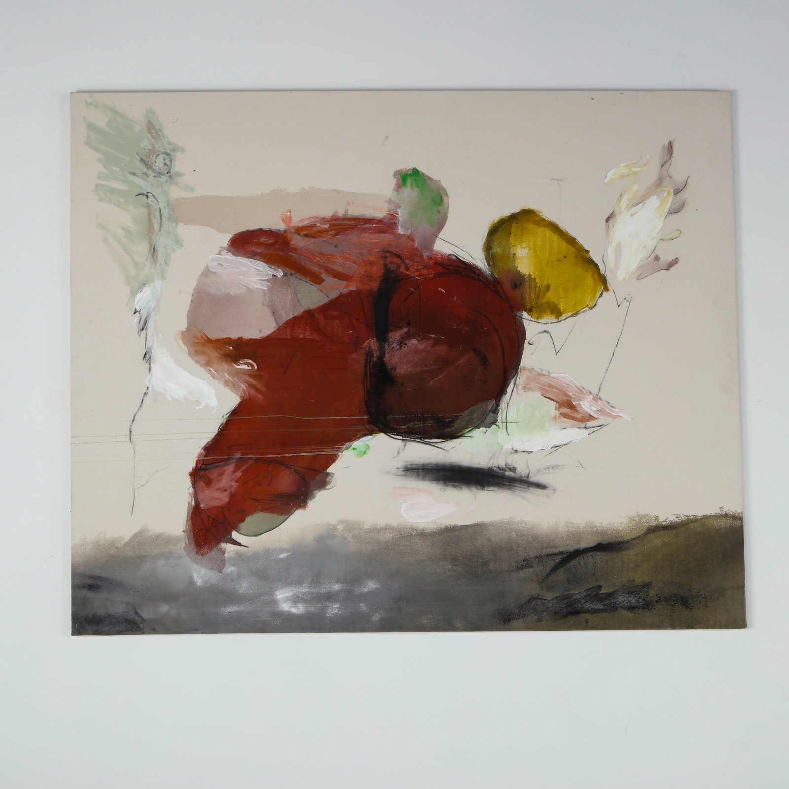 James Mountford, Acrylic, Charcoal and Pastel on Canvas: A vibrant abstract composition by James Mountford, executed in acrylic, charcoal, and pastel on canvas. Layered gestural marks and organic forms create a dynamic interplay of color, texture, and movem
