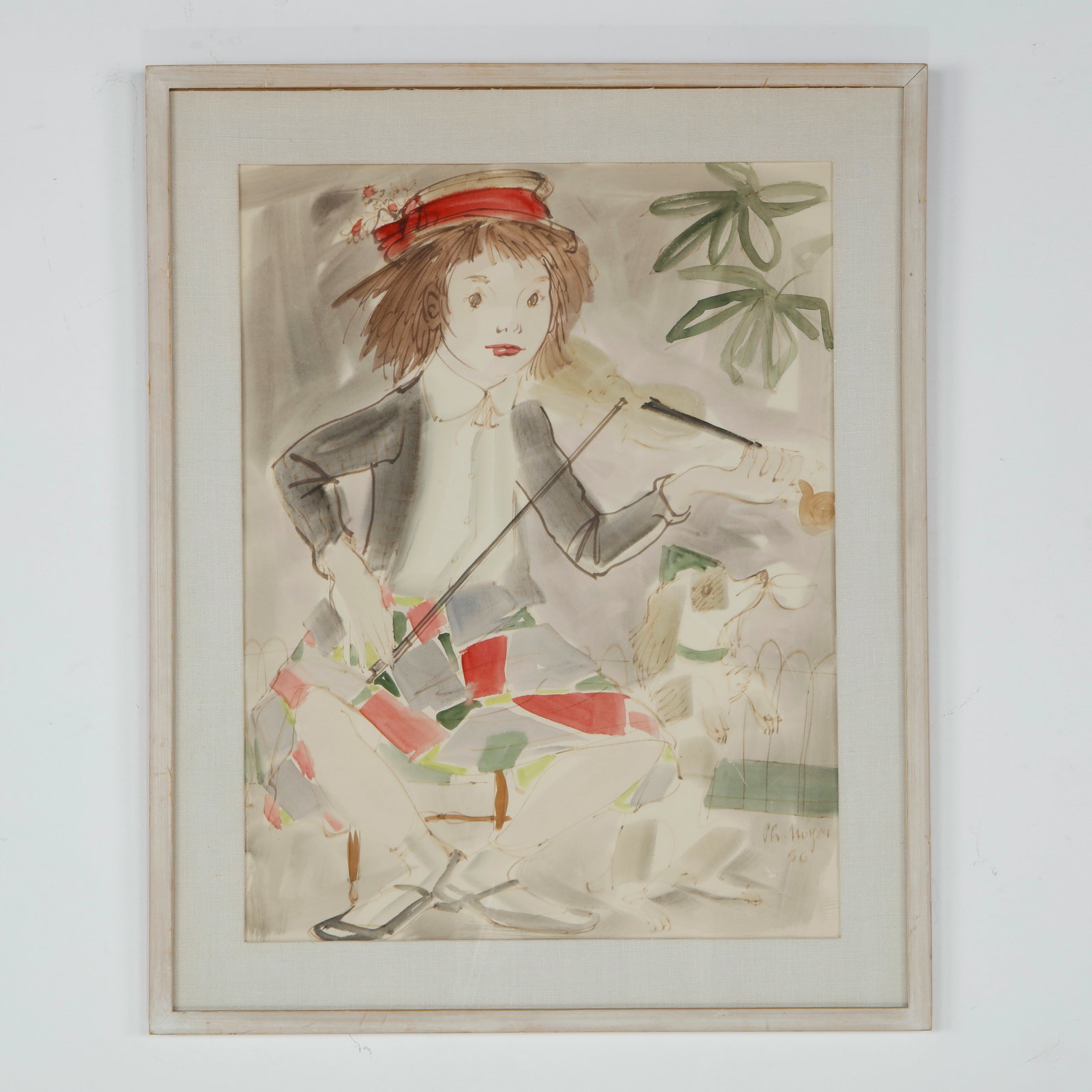 Philippe Henri Noyer, Watercolor Painting, Signed 1960s: Signed watercolor portraying a seated young musician. Executed with fluid brushwork and delicate coloration, the work reflects Noyer poetic approach to everyday subjects and his enduring fascination w