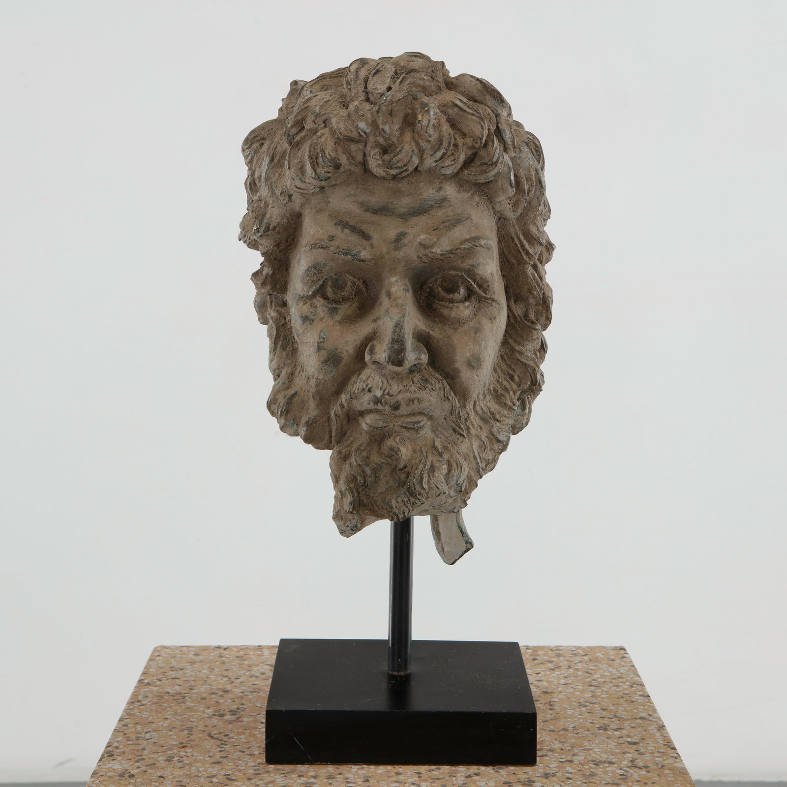 Bronze Bust of a Bearded Man, 1960s: Expressive sculptural bust of a bearded male figure, finely modeled with pronounced facial features and textured hair, presented on a later metal mount. The weathered surface and classical subject cre