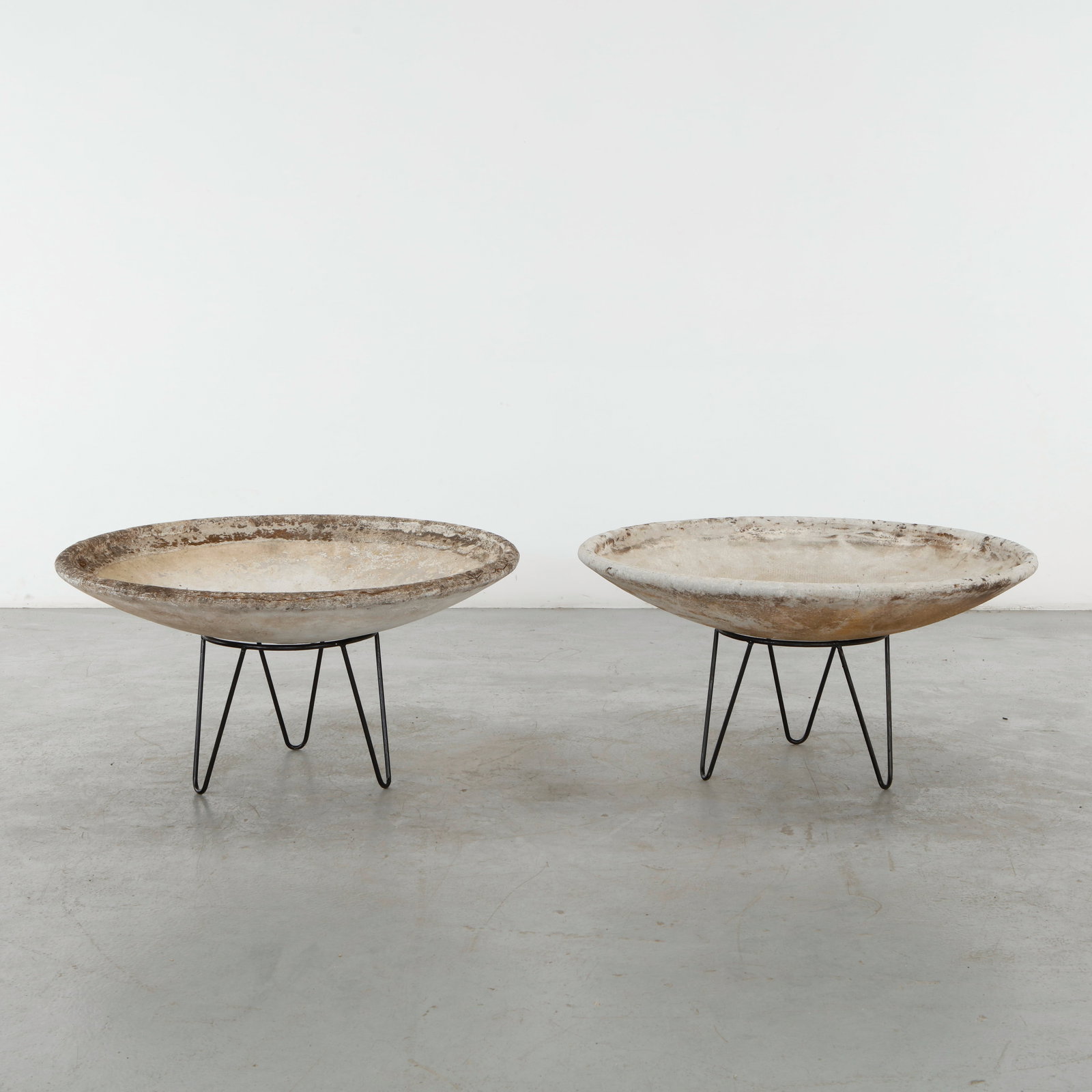 Willy Guhl, Pair of Bowl Planters on Stands, 1960s: A sculptural pair of bowl planters by Willy Guhl, each elevated on a slender black metal stand. The contrast between the monumental cast concrete bowls and lightweight supports reflects Guhl distincti
