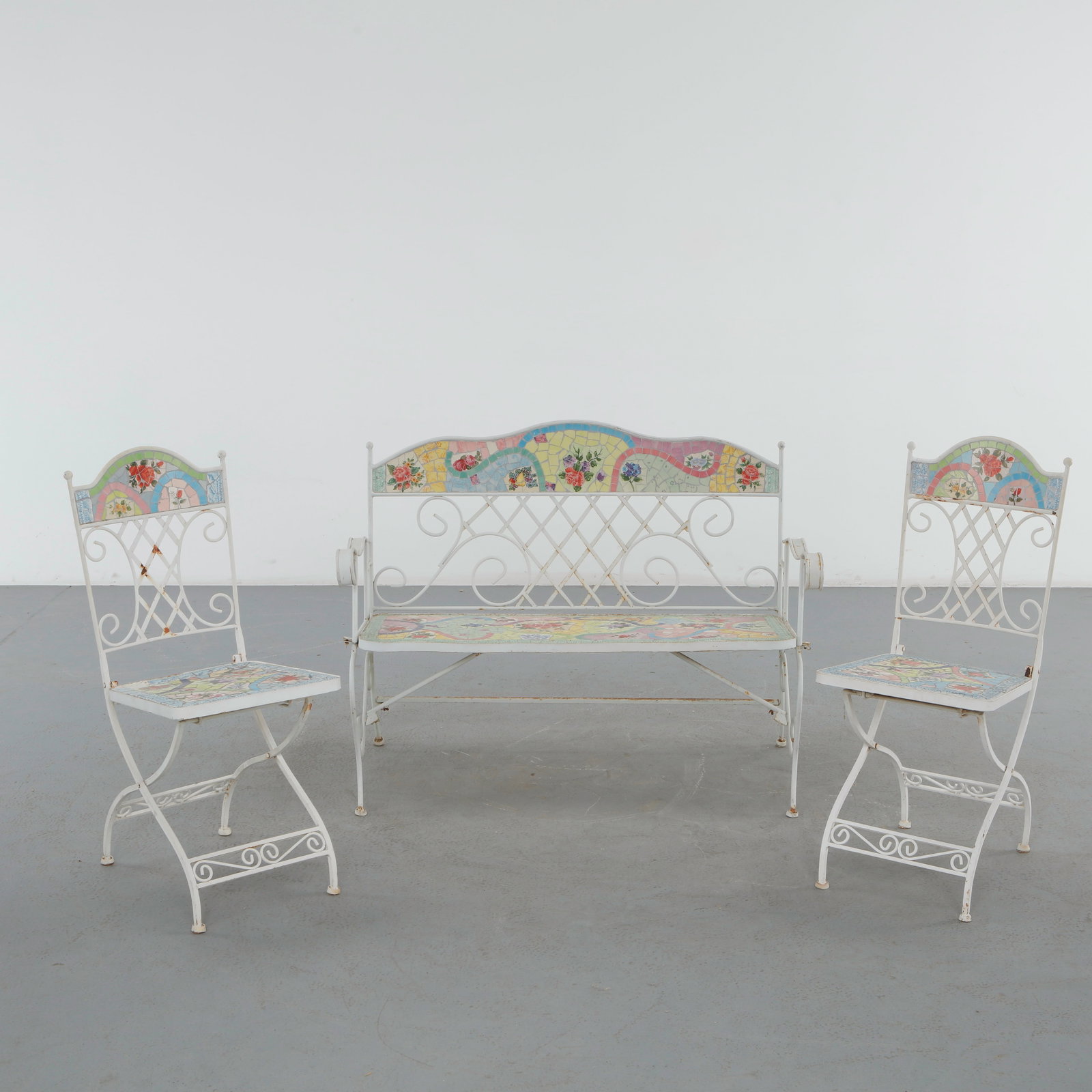 Wrought Iron Mosaic Tile Garden Bench and Pair of Folding Chairs, 1960s (1 of 20)