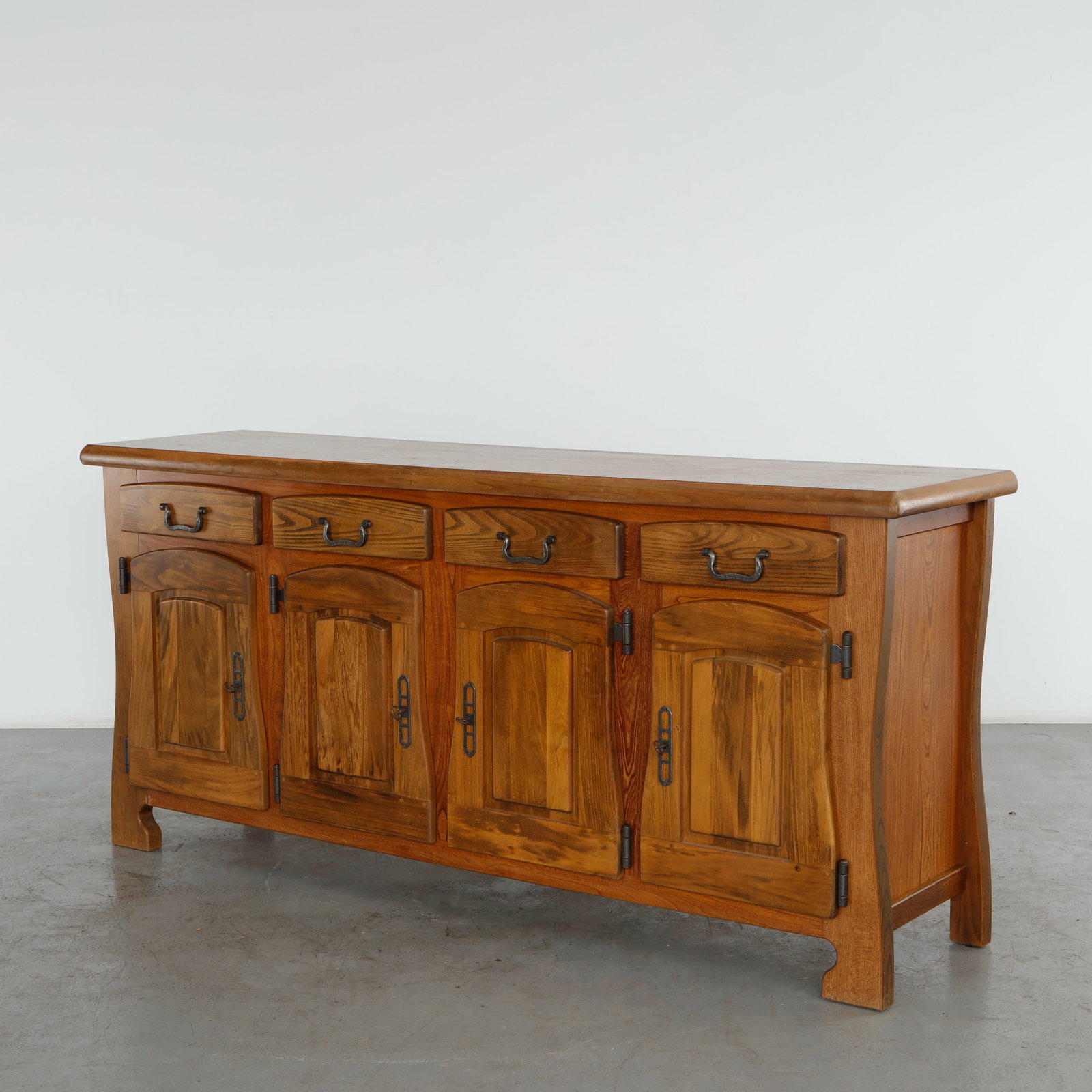 French Brutalist Sideboard, 1960s: This style is celebrated for its heavy, blocky architecture, raw material presence, and rustic, textured craftsmanship. Height: 40.5 in. Length: 86.5 in. Depth: 22.5 in. Condition Good