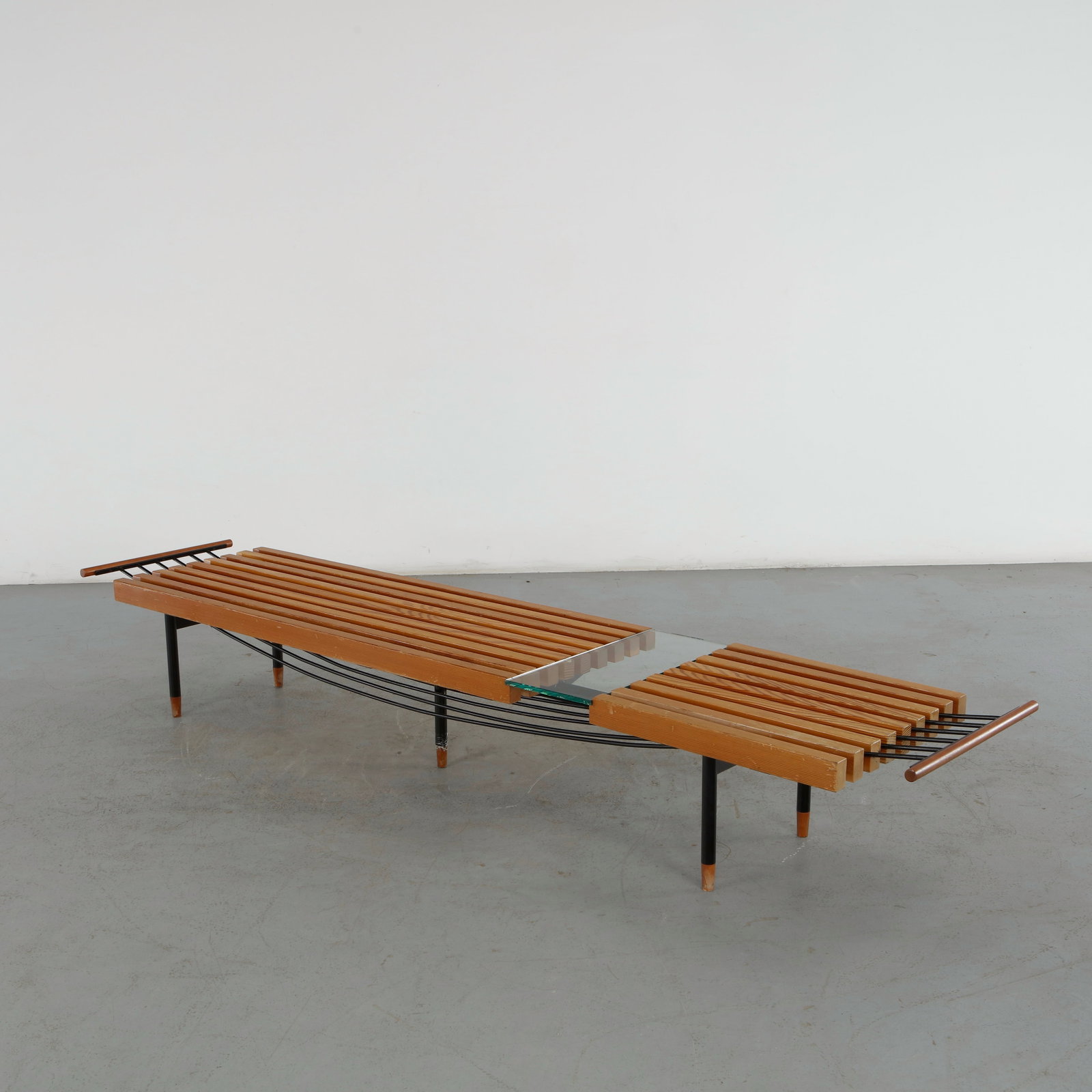 Italian Mid-Century Modern Iron, Glass and Teak Bench in the style of Carlo Hauner, 1960s: This iron, glass, and teak slatted bench is an exceptional example of 1950s Italian mid-century modern design heavily influenced by Carlo Hauner's iconic aesthetic. Pieces like this balance airy, 