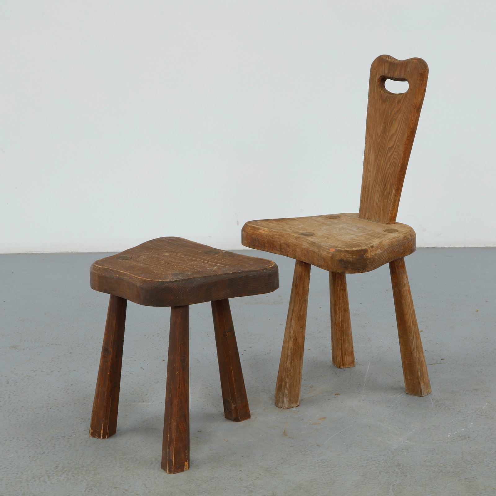 Pair of Hand-Carved Rustic Chair and Stool, 1960s (1 of 15)