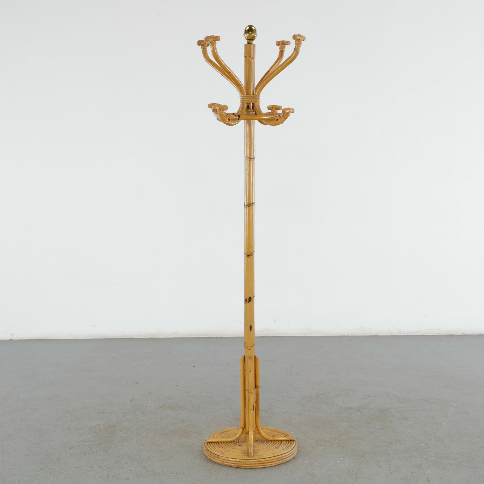Louis Sognot, Rattan and Bamboo Coat Stand, 1950: This vintage midcentury rattan and bamboo coat stand is an exceptional example of French organic modernism from the 1950s, designed in the distinctive, elegant style of Louis Sognot. It beautifully sh