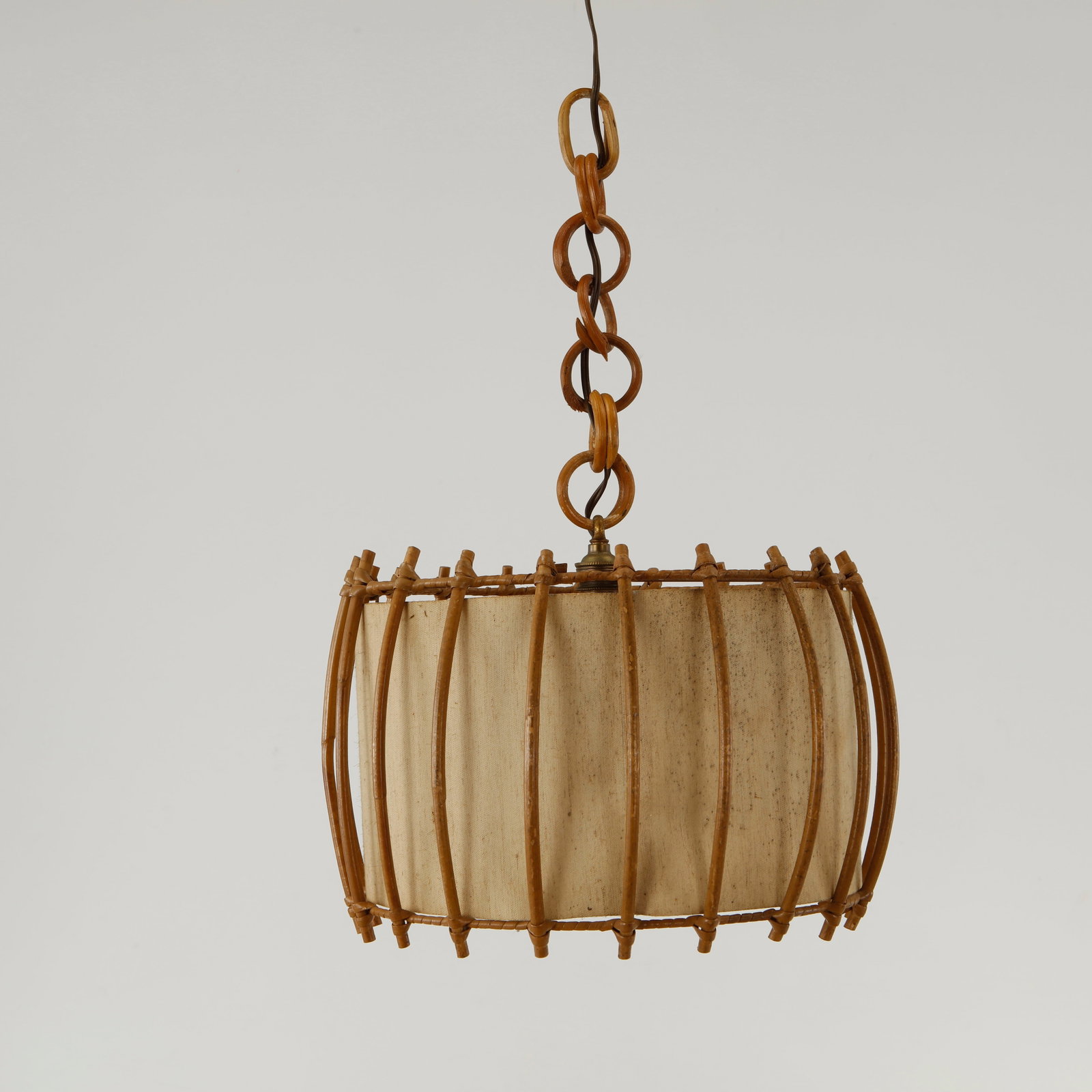 Louis Sognot, Rattan Round Pendant Lamp, 1950s: This rattan round pendant lamp demonstrates Louis Sognot signature blend of lightness, craftsmanship, and organic modernism Not tested. Height: 20 in. Diameter: 13 in. Condition Good vin