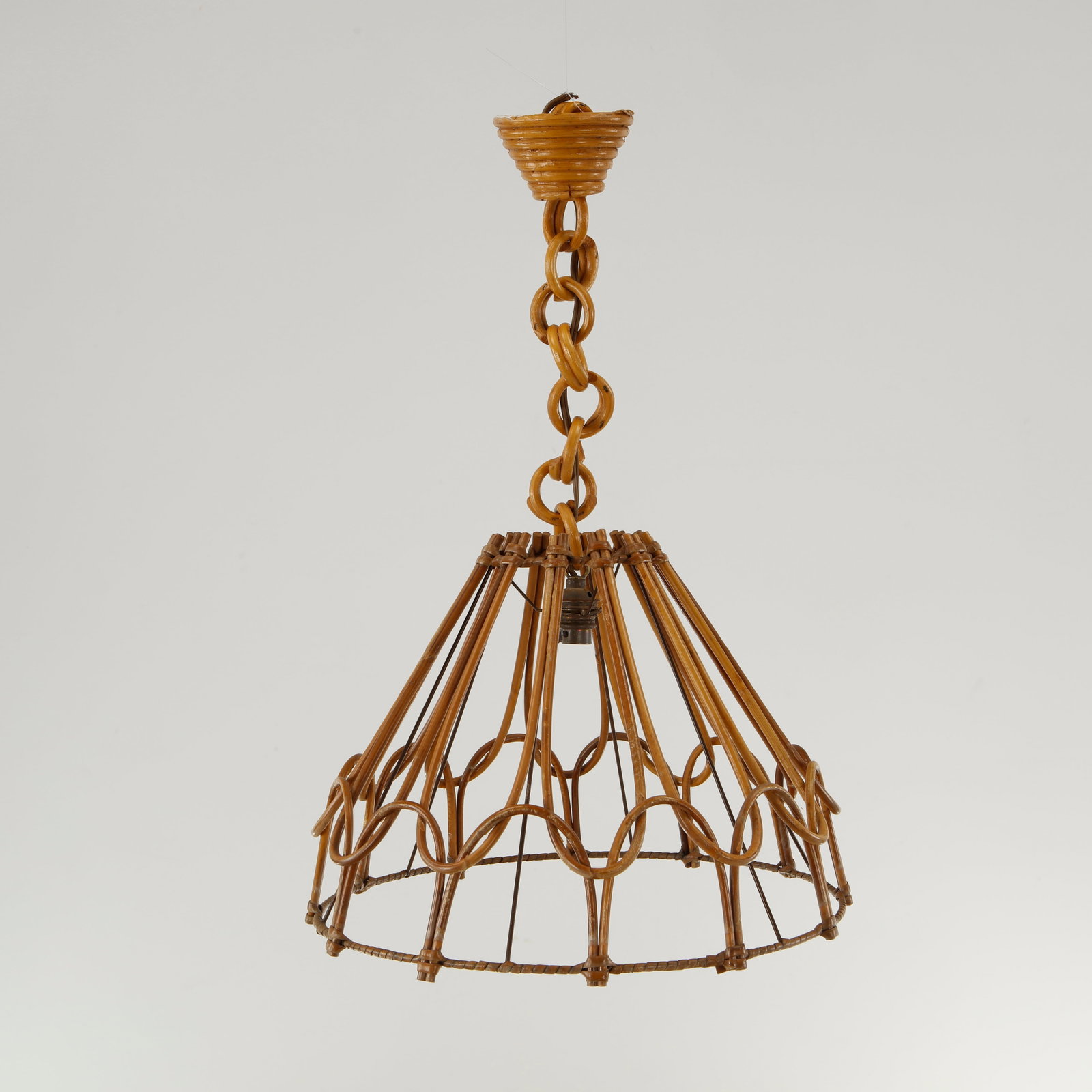 Louis Sognot, Openwork Rattan Pendant Lamp, 1950s: A suspended lantern featuring an intricate bamboo framework surrounding a parchment diffuser. A rare example of Sognot organic lighting designs inspired by Riviera craftsmanship No electronic disposal