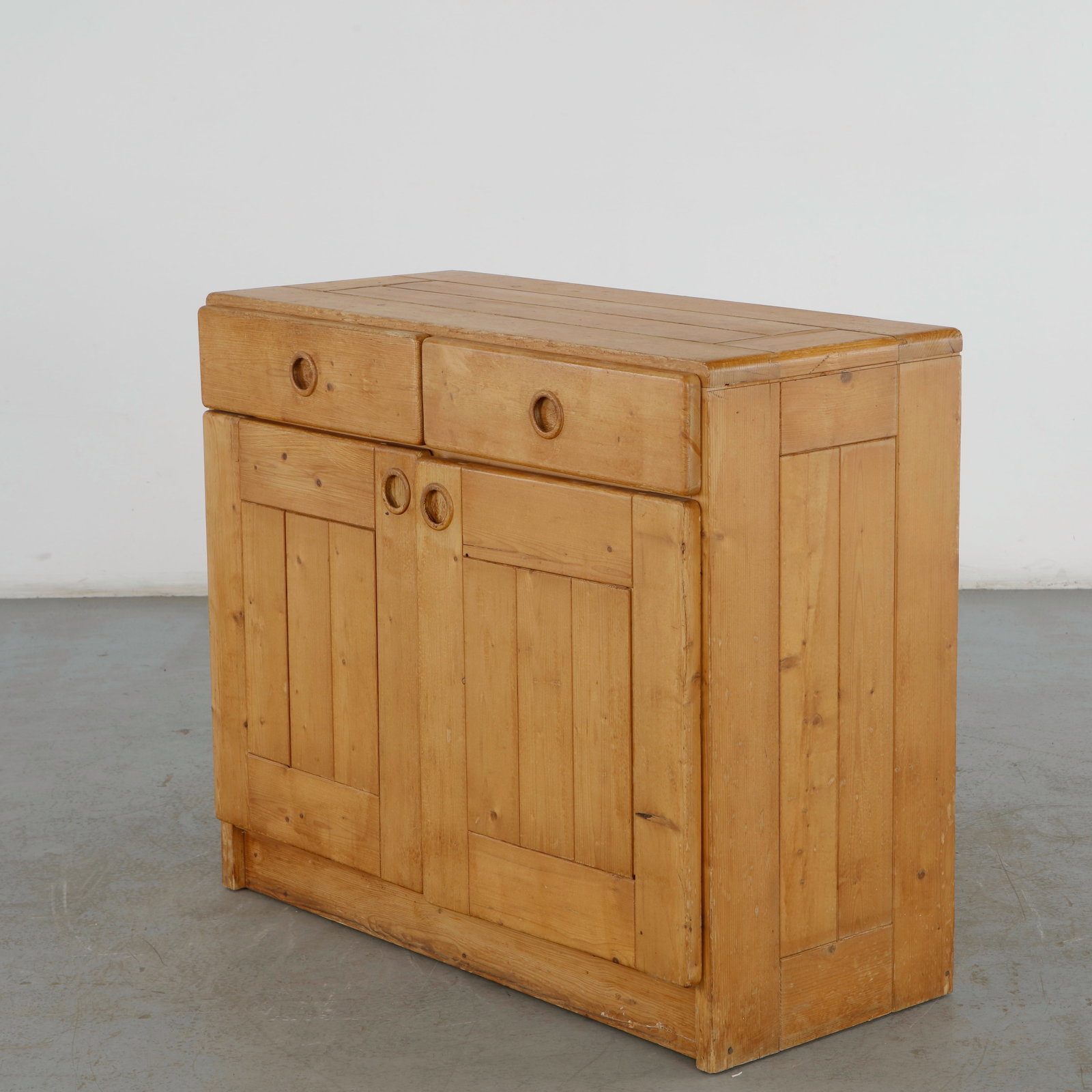 Charlotte Perriand for Les Arcs 1600, Pine Sideboard, 1960s: This solid pine sideboard is a quintessential piece of French mid-century chalet furniture, selected and styled by legendary architect and designer Charlotte Perriand for the Les Arcs ski resort proje