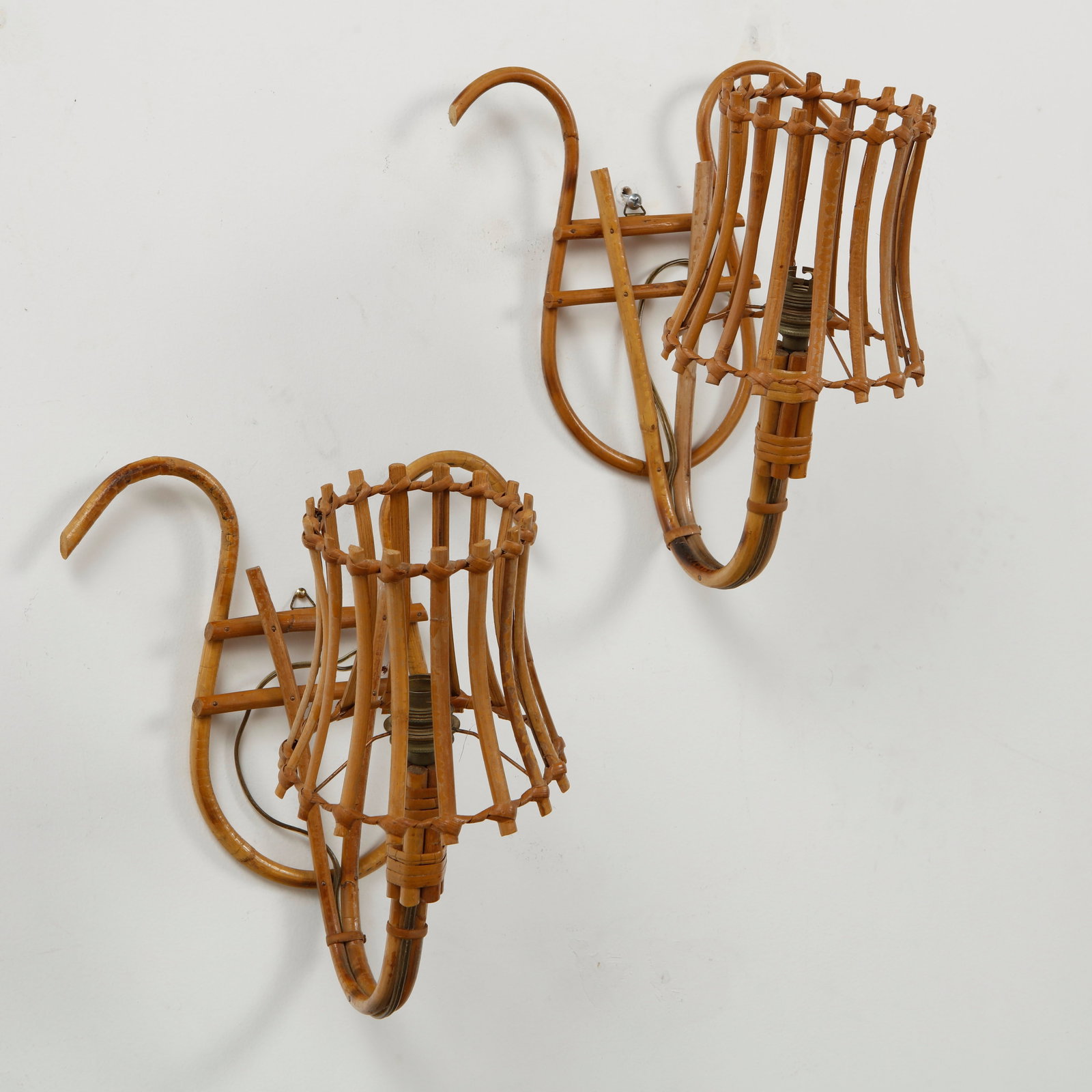 Louis Sognot, Pair of Rattan and Bamboo Cage Sconces, 1960s (1 of 9)