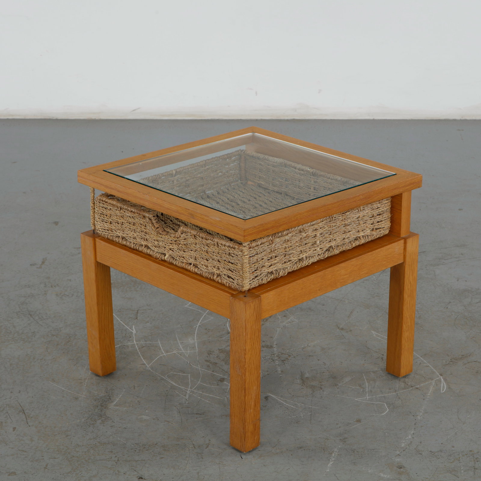 Mid-century Wooden Side Table in the style of Alvar Aalto, 1960s: This exceptional midcentury modern square side table heavily inspired by the organic Nordic modernism of Finnish architect and designer Alvar Aalto. It beautifully juxtaposes minimalist geometry with