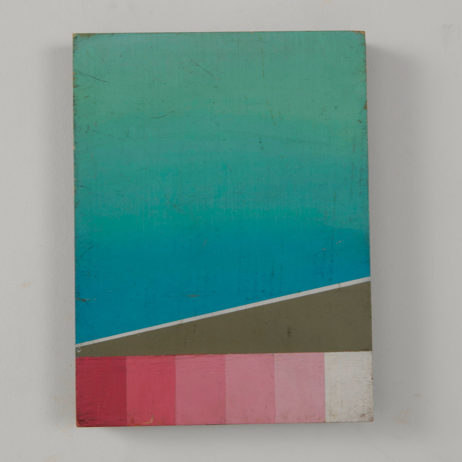 Neal Breton, Small Multicolor Abstract Painting on Wood: A small abstract composition by Neal Breton, executed with layered geometric forms and a restrained palette of vibrant color fields. The balanced composition and subtle surface variations create a