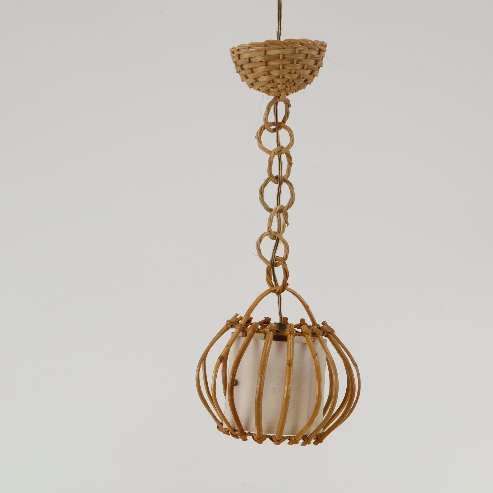 Louis Sognot, Rattan and Parchment Chandelier, 1950s: Not tested. Height: 15 in. Diameter: 6 in.