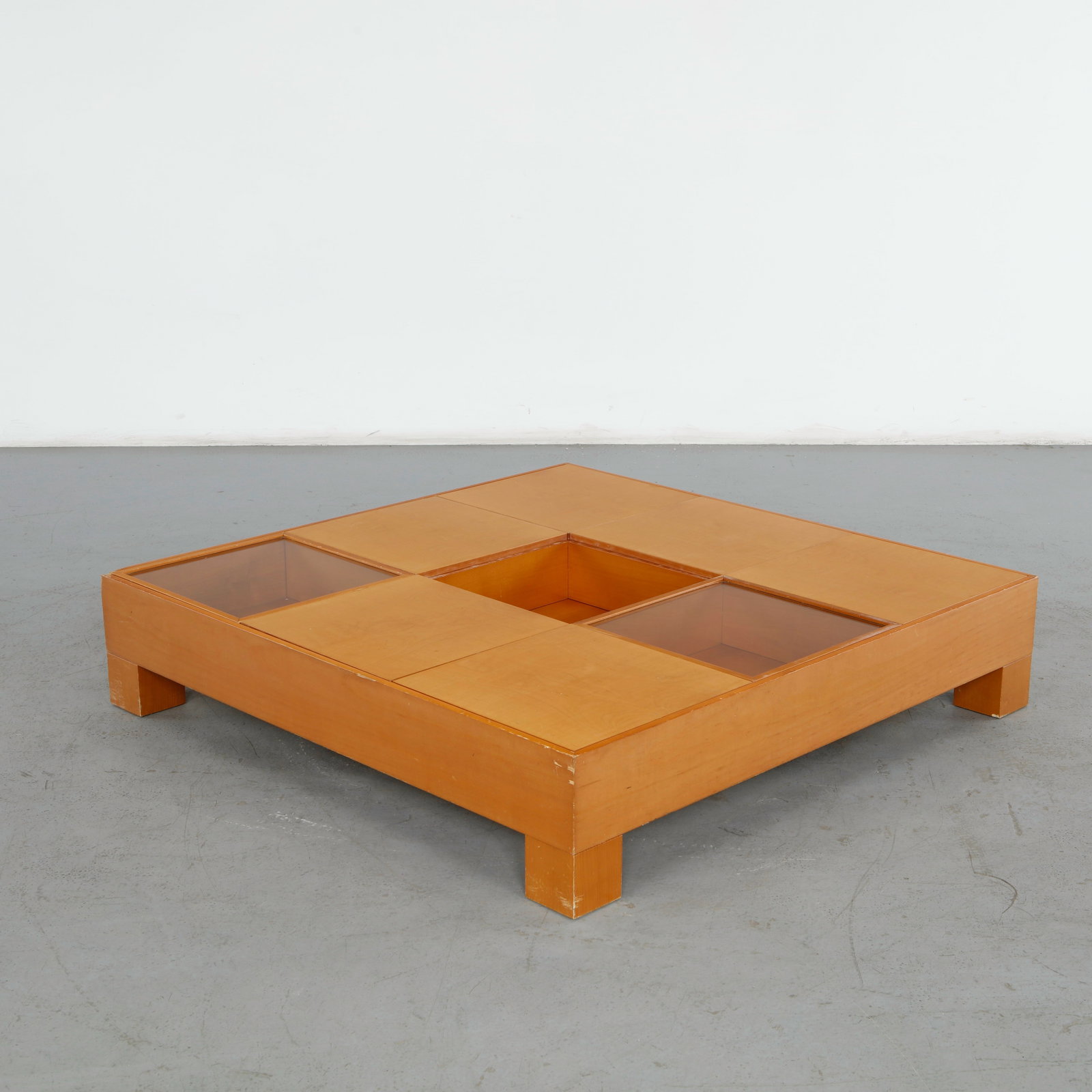 Roche Bobois, Monumental Coffee Table, 1960s: This monumental modular square coffee table, designed for the French luxury brand Roche Bobois is a striking example of space-saving European functionalism and mid-century architectural design. Height