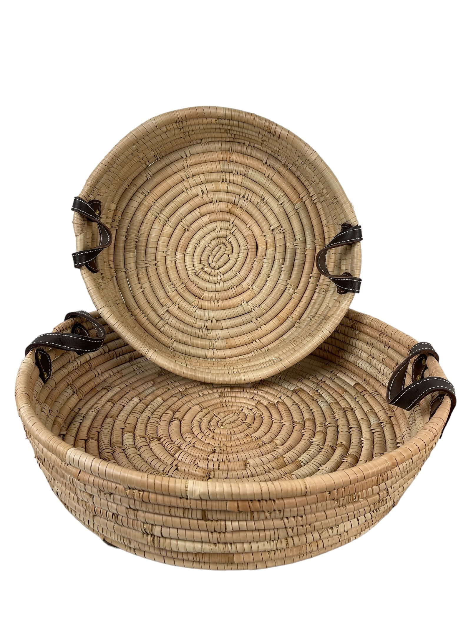 Pair of Hand Woven Ilala Palm Trays w/Leather Handles (1 of 4)