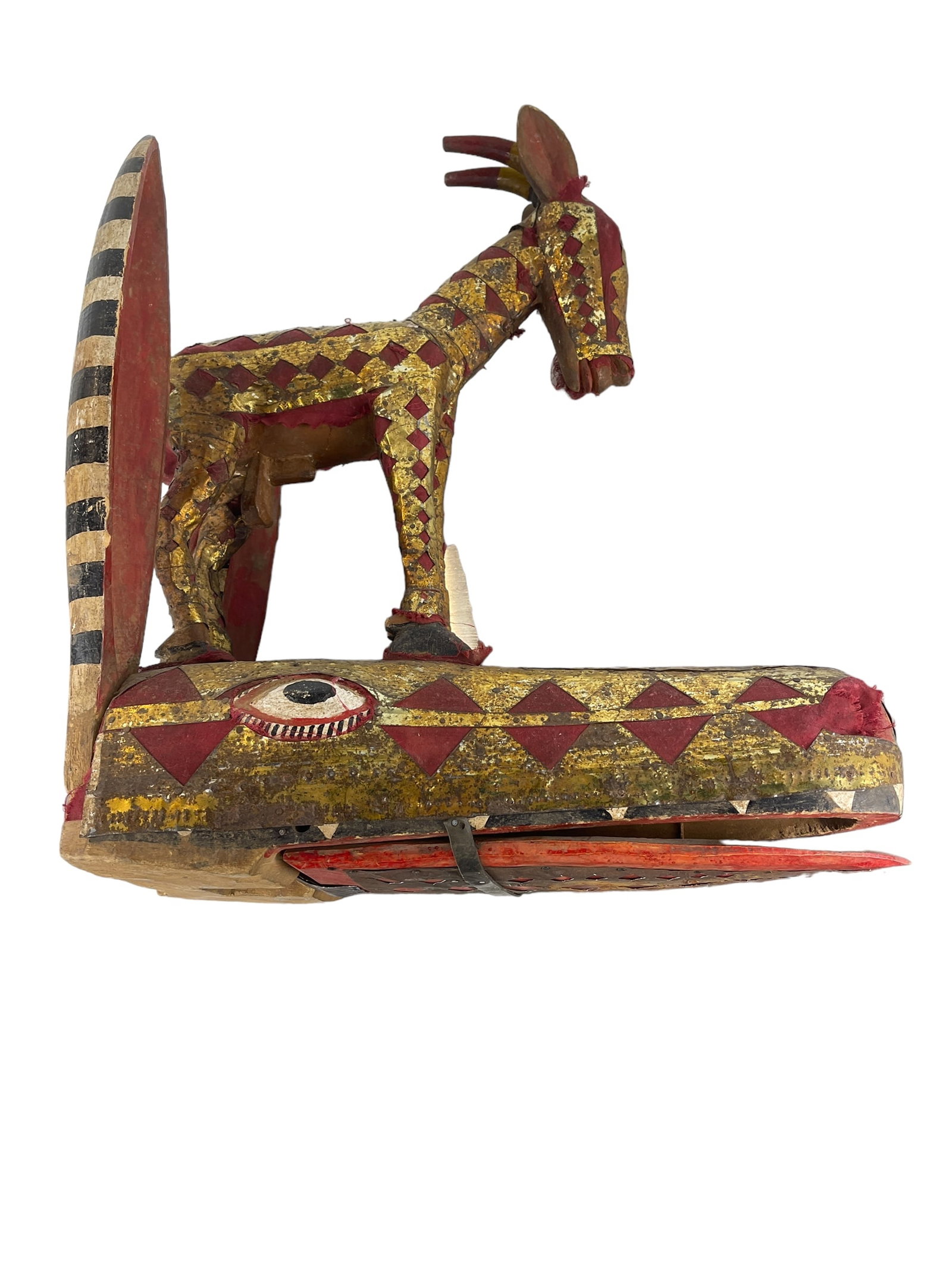 Vintage Handmade African Folk Art Sculpture: Red and gold donkey African folk art. 21.5"H x 17.5"W x 7"D