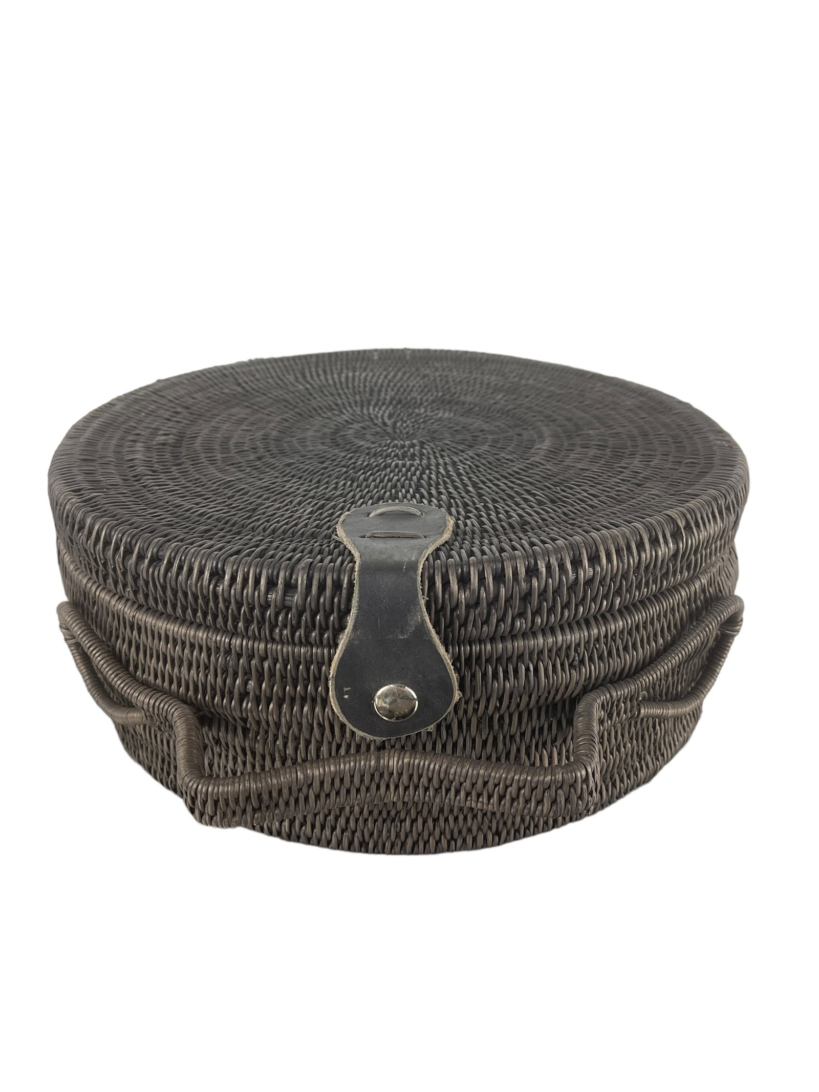 Handwoven Basket Hat Bag from Zambia: approx 13" diameter x 5"H. Leather and organic Wild grasses. Made from organic Makenge plant and wild grasses with naturally treated goat's leather, by skillful artisans in the west of Zambia. Carry s