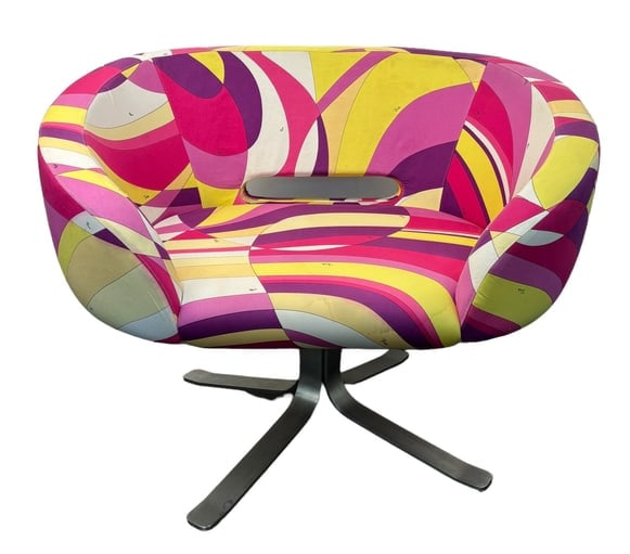 Emilio Pucci, Rive Droite Swivel Chair by Cappellini: Authentic. 28" x 37" x 30". Fusion between fashion and furniture: the Rive Droite Swivel Arm Chair, a collaborative masterpiece by Patrick Norguet, Emilio Pucci and Cappellini. Crafted in France and I