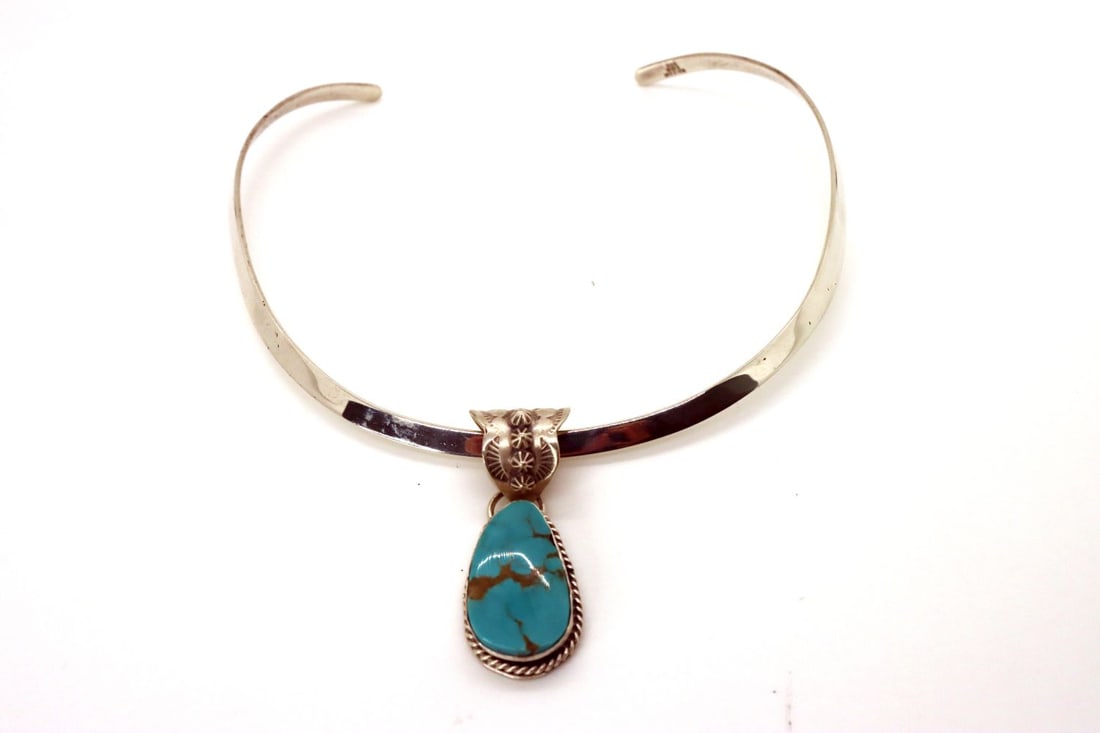 Amazing Rare #8 Turquoise Pendant With Collar: Stunning Navajo rare AAA #8 Turquoise pendant With sterling silver collar. Stone in bezel with rope enhancement. OAL 2" x 5/8"W. The collar size 12" X 1/4"W, signed ON, One of a kind.