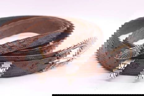 Vintage G Delgorito 14kt & Silver Ranger Set: Vintage G Delgorito master silversmith 14kt & sterling silver Ranger set. This beautiful buckle set is on hand-made brown, full quill Ostrich Ranger belt size 41". The Buckle measures L 2 1/2"x 2"