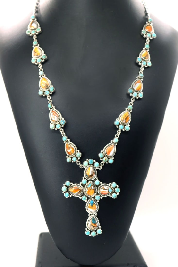 Spiny Oyster & Kingman Turquoise Necklace & Cross (1 of 5)