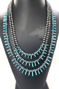 Navajo 3 Strand Turquoise & Pearls Necklace: Navajo three-strand graduated turquoise &amp; Navajo pearl necklace. - Pearls range from 5mm to 6mm. The sleeping beauty turquoise beads range from L3/8" x 1/4"W to L5/8" x 3/8"W. Sterling silver cone