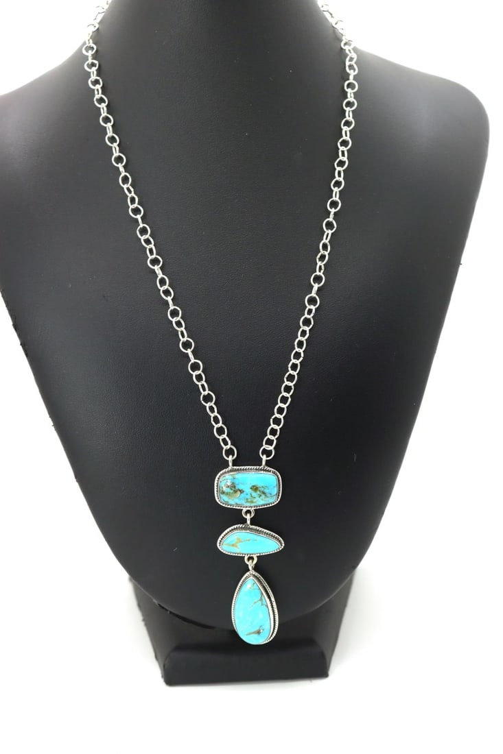 Lone Mountain Turquoise 3 Stone Drop Necklace (1 of 6)