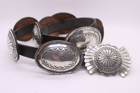 Vtg Circa 1930 Navajo Hand Tooled SS Concho Belt: Vintage circa 1930 Navajo hand-tooled sterling silver concho belt with (8) amazing conchos. Oval L 3"x 2"W and buckle L 3"x 2 1/4"W. Original oxidization sterling silver. One of a kind.