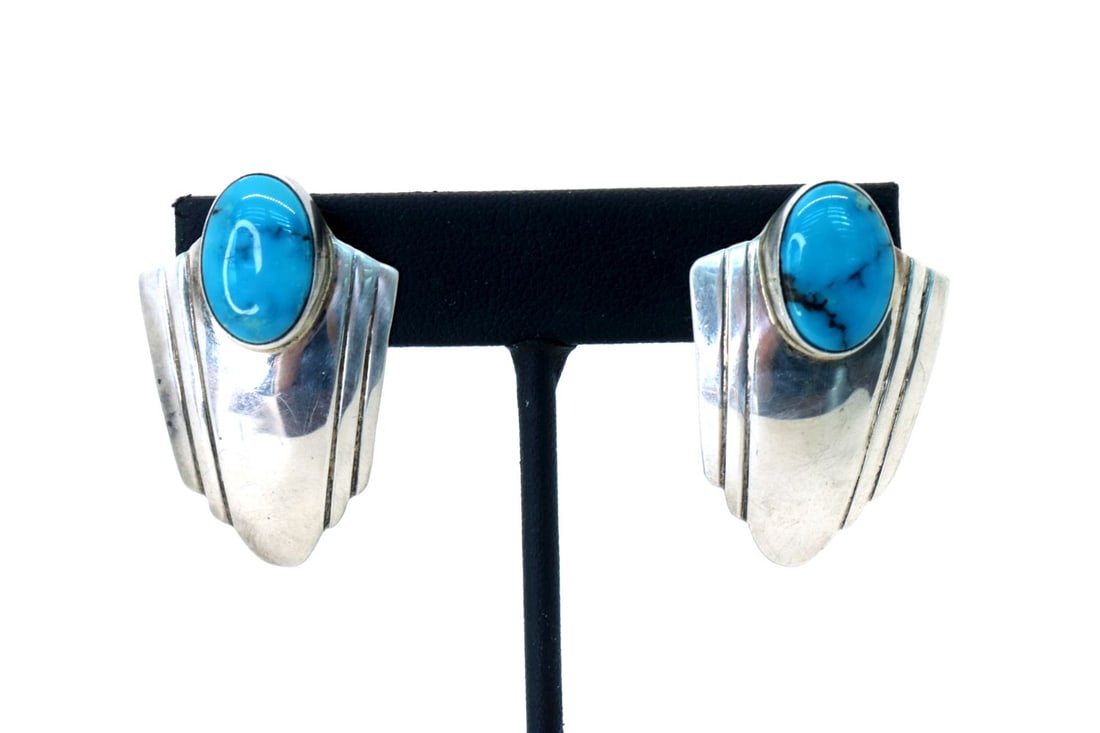 Silver Navajo Handmade Kingman Turquoise Earrings (1 of 5)