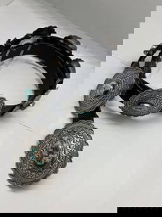 Navajo Artist Mark Yazzi Royston Turquoise Concho Belt: Navajo Artist Mark Yazzi Royston Turquoise Concho Belt. This masterful hand-made sterling silver belt has (9) 3" round hand-tooled conchos with (1) each Royston turquoise stones measuring 1". The belt