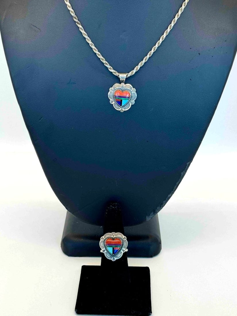 Zuni Inlay Ring and Matching Pendant Necklace (1 of 3)