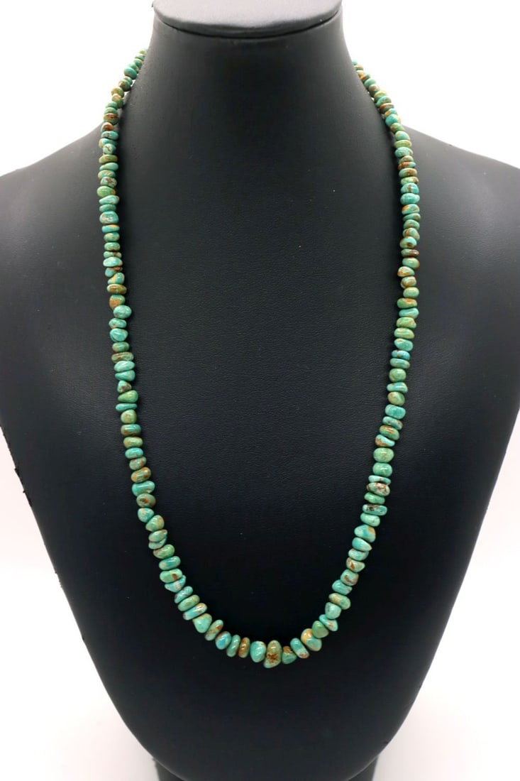 Rare Royston Turquoise Polished Nugget Necklace: Rare Royston Turquoise polished nugget necklace. Nuggets measure appoxaimately 4 mm. OAL 18" with sterling silver clasp. Handmade, .