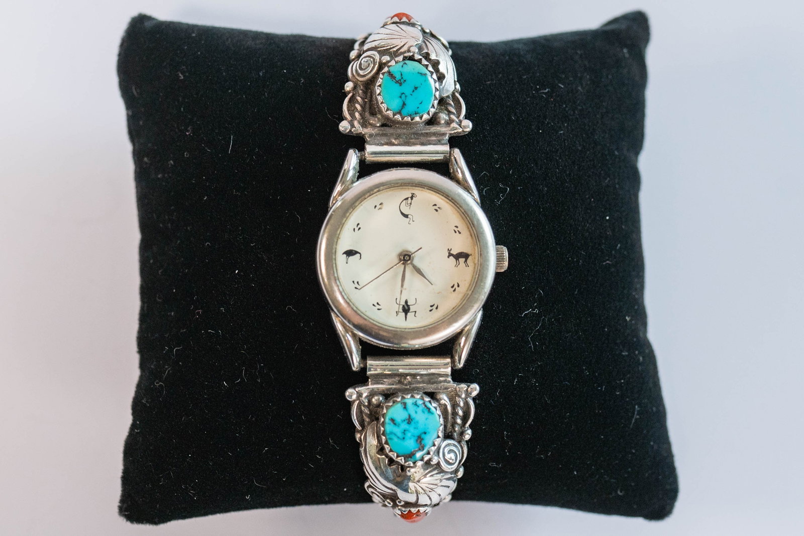 Vintage Stephen Yellow Horse Watch Band: Native American Navajo Master silversmith Stephen Yellow Horse vintage sterling silver watch band with spiderweb turquoise and Mediterranean coral gemstones with leaf and vine and berry appliques hand