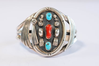 Wonderfully Designed Vintage Coral Turquoise Cuff