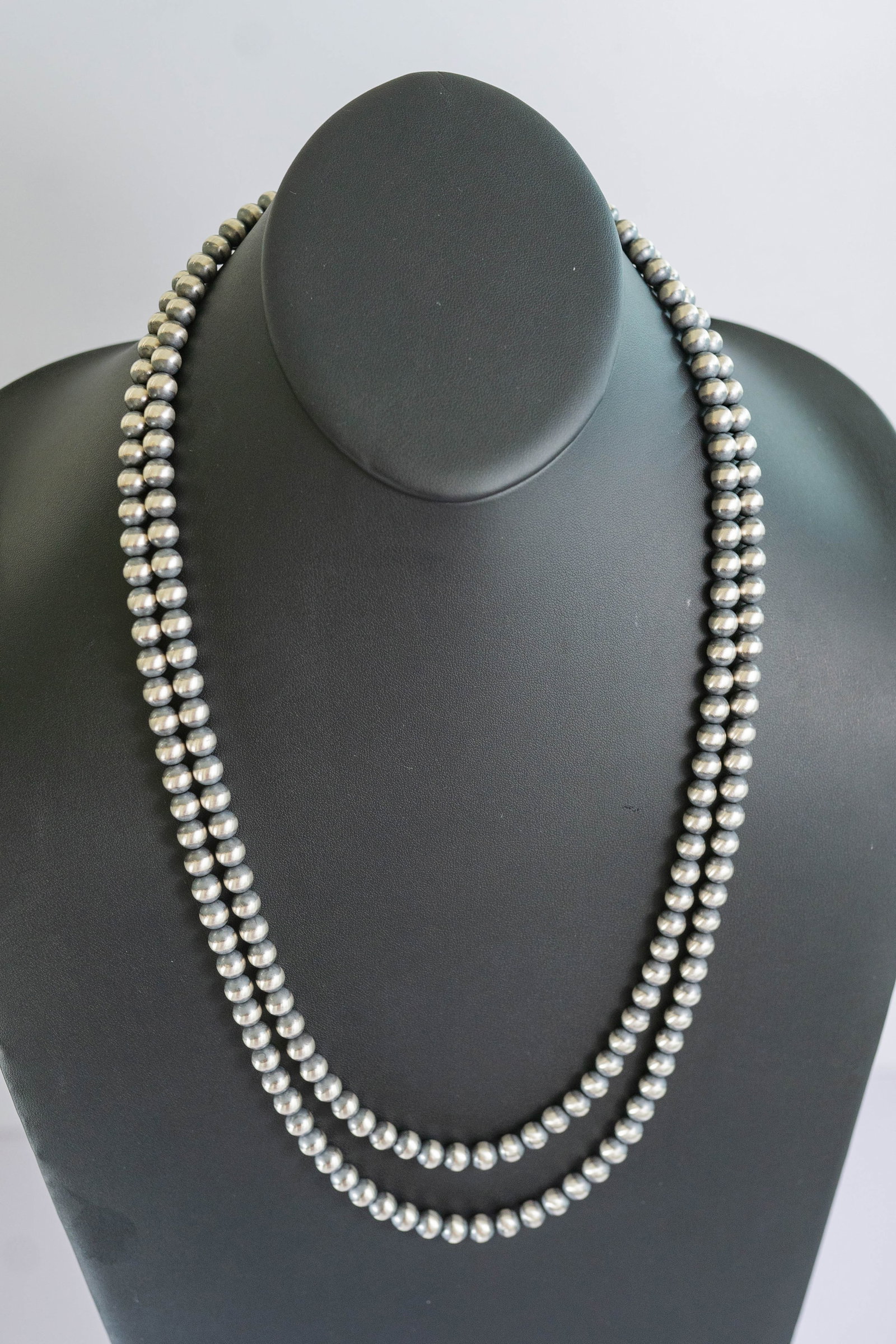 Statement 60 inch Navajo Pearl Necklace: Native American Navajo sterling silver 60 inch long handmade Navajo Pearl 8mm bead necklace which creates a classic, statement. " Versatile "