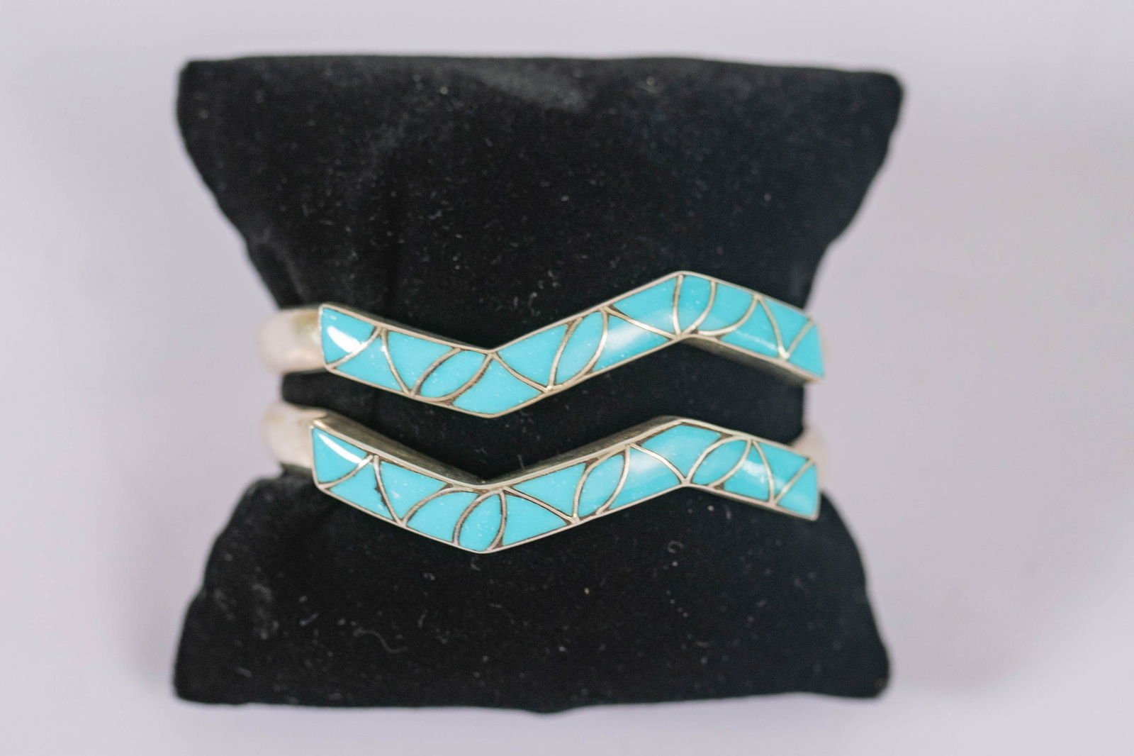Compitos Channel Inlay Cuffs: Native American Navajo sterling silver pair of channel inlay cuff bracelets with Campitos Turquoise gemstone. Size 5 gap 1 " Width 1/4 " stackable Signed RB