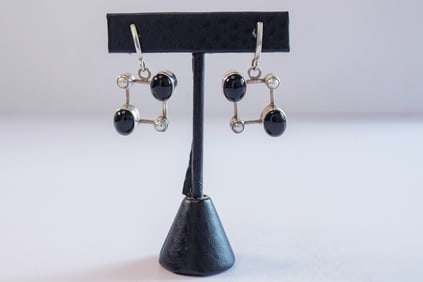 Onyx and Pearl Post Dangle Earrings