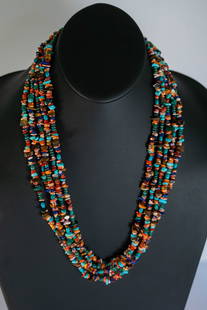 Beautiful Multi-Stone Five Strand Necklace: Native American Navajo beautiful multi strand necklace featuring (5) strands of polished Turquoise, Afghanistan Lapis, Tiger Eye, Mediterranean Coral, Malachite, and Spiny Oyster Shell chip gemstones