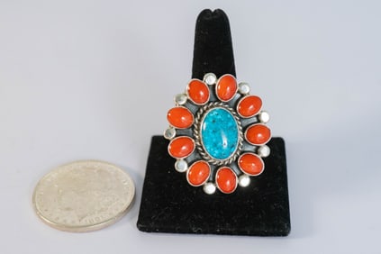 Impressive Turquoise And Mediterranean Coral Ring